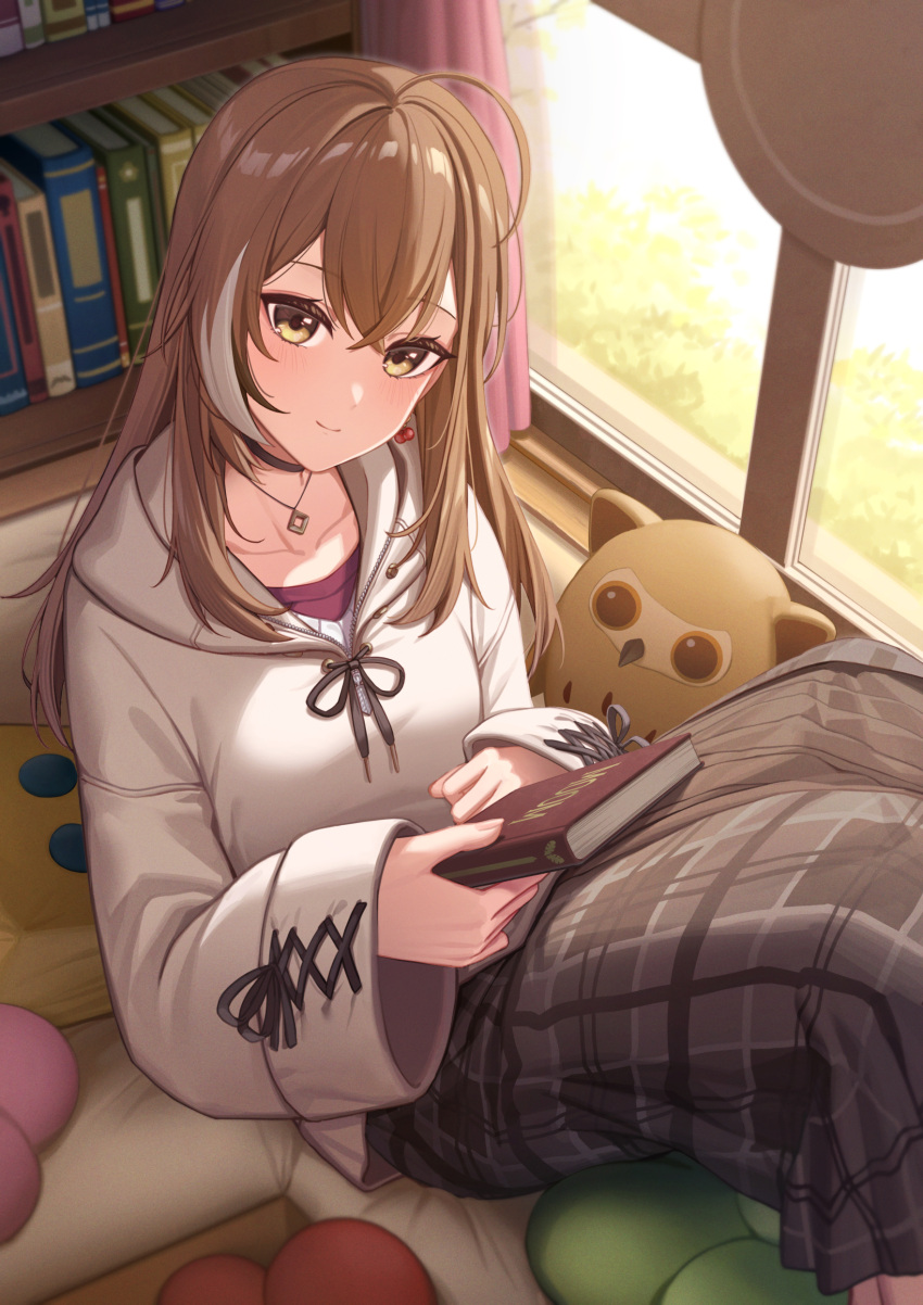 1girl absurdres ahoge berry black_choker book bookshelf brown_eyes brown_hair brown_hoodie brown_skirt choker couch earrings erezu flower food-themed_earrings friend_(nanashi_mumei) from_above highres holding holding_book hololive hololive_english hood hoodie hootsie_(nanashi_mumei) indoors jewelry long_hair long_skirt looking_at_viewer multicolored_hair nail_polish nanashi_mumei necklace objectification official_alternate_costume oversized_clothes pillow plaid plaid_skirt pleated_skirt red_shirt runes shirt skirt sleeves_past_wrists smile streaked_hair stuffed_toy sweater virtual_youtuber white_sweater window