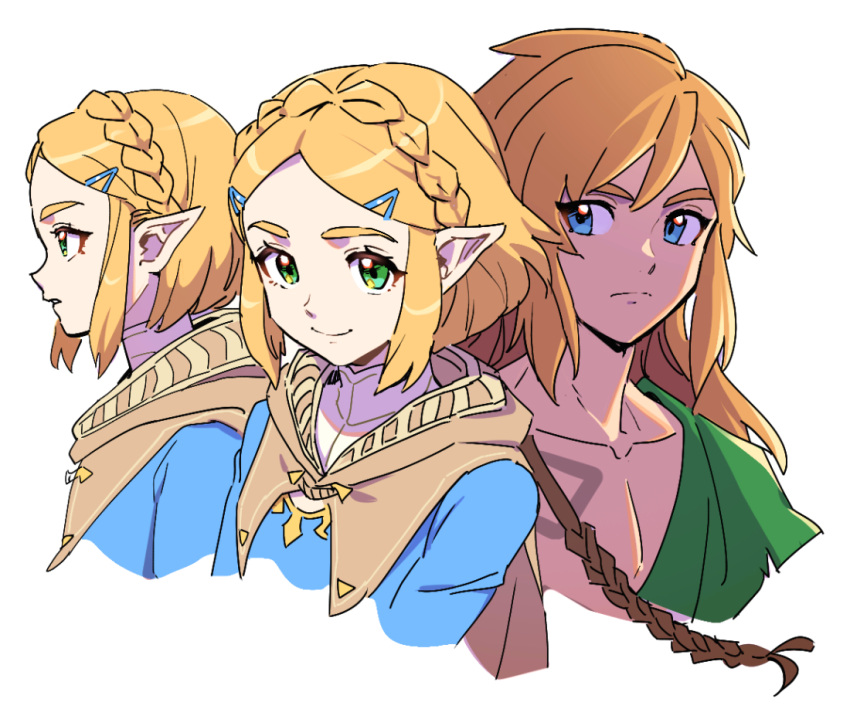1boy 1girl blonde_hair blue_eyes blue_shirt braid closed_mouth collarbone commentary_request crown_braid dede_(qwea_00000) eyelashes green_eyes hair_ornament hairclip korean_commentary link long_hair looking_to_the_side multiple_views parted_lips pointy_ears princess_zelda shirt simple_background smile the_legend_of_zelda the_legend_of_zelda:_breath_of_the_wild upper_body white_background