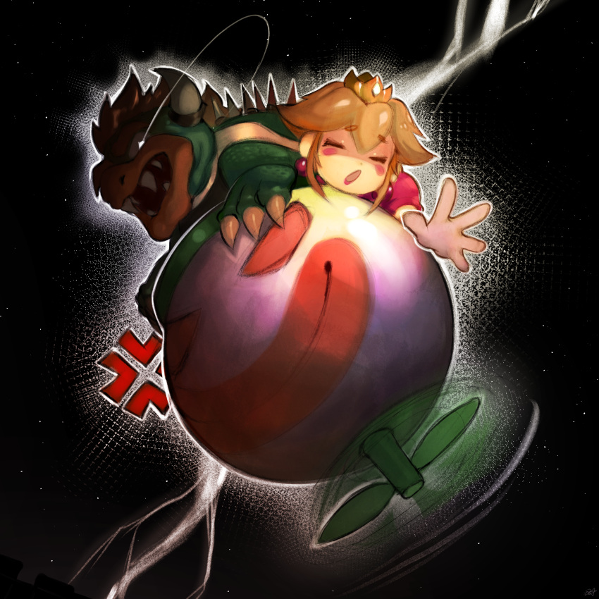 1boy 1girl :o absurdres anger_vein blonde_hair bowser bracelet closed_eyes colored_skin crown dress earrings flying gloves green_skin highres horns jewelry night onimiere open_mouth outdoors princess_peach redhead sharp_teeth short_hair sidelocks smile spiked_bracelet spikes super_mario_bros. super_mario_world teeth