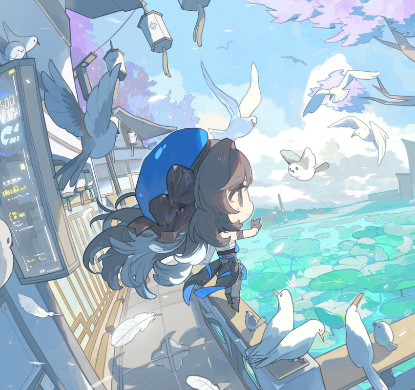 1girl arm_strap bandages bird black_gloves black_hair blue_dress blue_headwear blue_sky brown_eyes building chibi closed_mouth clouds dress feathers fucurouuu gloves hair_between_eyes highres lake lantern multicolored_hair outdoors ribbon sky solo standing tree village white_hair wuthering_waves yangyang_(wuthering_waves)
