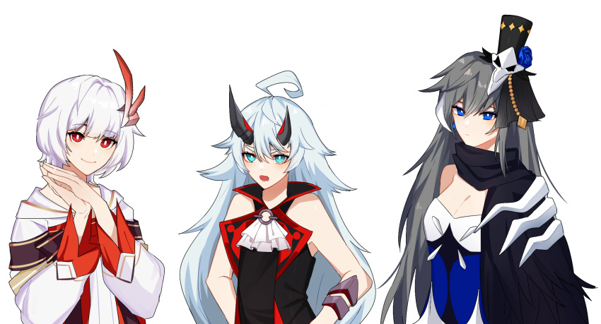 3girls 3o_c ahoge asymmetrical_horns bare_shoulders black_cape black_dress black_hair black_scarf blood_embrace blue_dress blue_eyes cape chinese_clothes closed_mouth dress hair_ornament hanfu hat highres honkai_(series) honkai_impact_3rd horns jingwei's_wings long_hair long_sleeves looking_at_viewer multiple_girls open_mouth red_eyes scarf selune's_elegy short_hair simple_background smile top_hat upper_body very_long_hair white_background white_hair