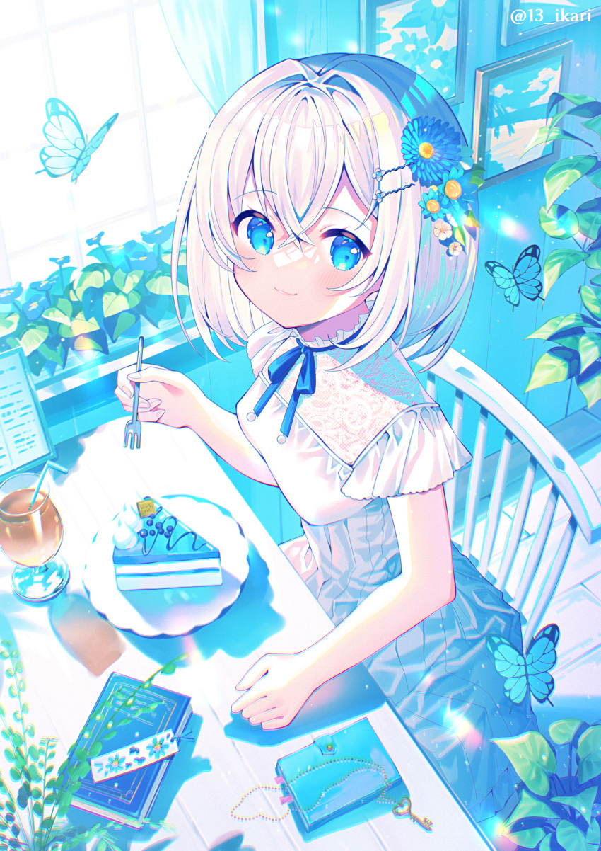 1girl animal bendy_straw blue_eyes blue_flower book bookmark breasts bug butterfly cake cake_slice closed_mouth commentary_request cup curtains day dress drinking_glass drinking_straw flower food fork grey_hair hair_between_eyes hair_flower hair_intakes hair_ornament hairclip highres holding holding_fork ikari_(aor3507) indoors key looking_at_viewer looking_to_the_side on_chair original plate small_breasts smile solo sunlight table twitter_username white_dress window wooden_floor