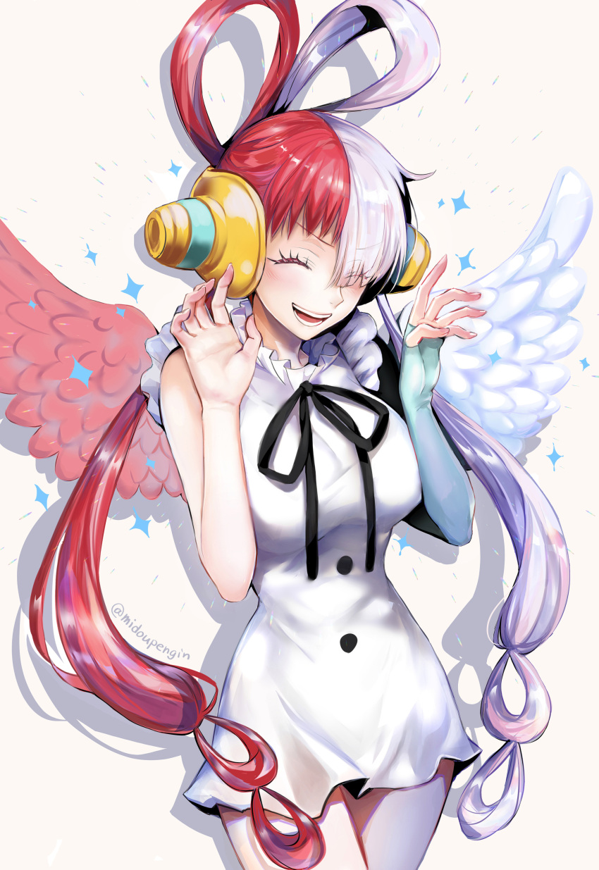 1girl absurdres bare_shoulders black_ribbon blush breasts buttons closed_eyes commentary_request dress fake_wings hair_over_one_eye hair_rings headphones highres long_hair medium_breasts mintes multicolored_hair neck_ribbon one_piece one_piece_film:_red red_wings redhead ribbon simple_background single_sleeve sleeveless sleeveless_dress smile solo split-color_hair teeth twitter_username two-tone_hair uta_(one_piece) white_background white_dress white_hair white_wings wings