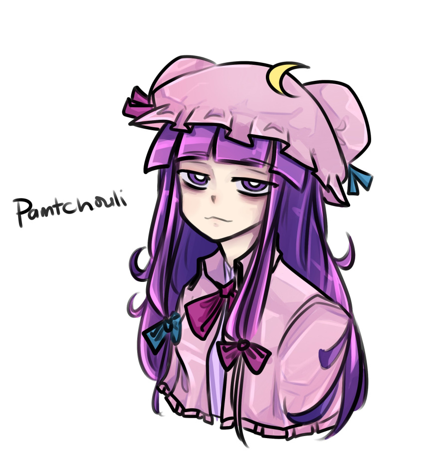 1girl :3 bags_under_eyes blue_bow blue_ribbon blunt_bangs bow capelet character_name closed_mouth commentary commentary_typo crescent crescent_hat_ornament cropped_torso hair_bow hat hat_ornament hat_ribbon highres light_smile long_hair looking_at_viewer mob_cap patchouli_knowledge pink_bow pink_ribbon purple_hair ribbon simple_background sketch solo tem_(insomnia_tem) touhou typo violet_eyes watermark white_background