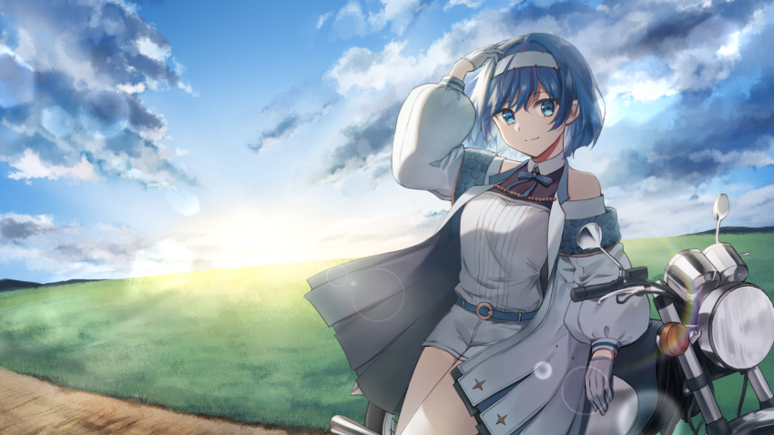1girl arm_up bare_shoulders belt blue_belt blue_eyes blue_hair blue_ribbon blue_sky cevio chain closed_mouth clouds cloudy_sky collared_shirt commentary_request cowboy_shot dirt_road english_commentary floating_hair gloves gold_chain grass hairband half_gloves halterneck hand_in_own_hair highres hill jacket leaning_on_object lens_flare light_smile long_sleeves mixed-language_commentary morning motor_vehicle motorcycle neck_ribbon off-shoulder_jacket off_shoulder ononoono open_clothes open_jacket outdoors puffy_long_sleeves puffy_sleeves quilted_clothes ribbon road shirt short_hair short_shorts shorts sky solo sunrise suzuki_tsudumi white_gloves white_hairband white_shirt white_shorts