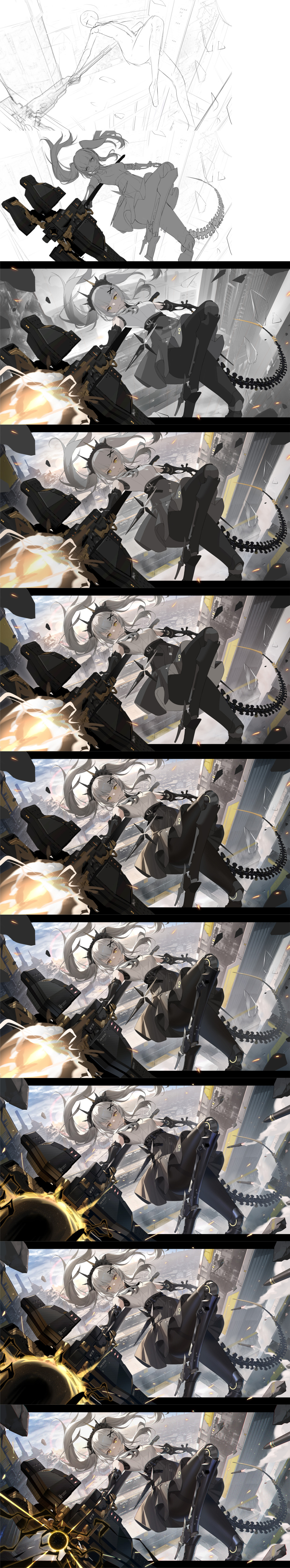 absurdres aiming_at_viewer alternate_costume belt building cc_xiaotintin charging_device city clouds glowing hair_ornament hairclip headgear highres incredibly_absurdres industrial jumping karenina_(punishing:_gray_raven) looking_at_viewer mechanical_arms mechanical_legs midair missiles punishing:_gray_raven skirt sky skyscraper smile tail tall_image twintails white_hair yellow_eyes
