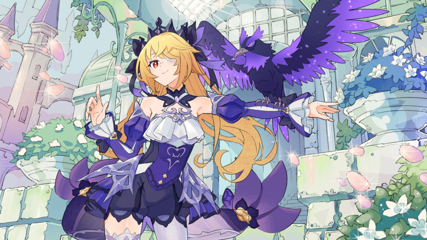 1girl absurdres alternate_eye_color animal_on_arm bare_shoulders bird bird_on_arm blonde_hair blush breasts castle choker collar crow day detached_sleeves dress eyepatch fischl_(ein_immernachtstraum)_(genshin_impact) fischl_(genshin_impact) flower frills gem genshin_impact hair_over_one_eye hair_ribbon highres jewelry kyouyasai4423 long_hair long_sleeves looking_at_viewer medium_breasts official_alternate_costume official_alternate_eye_color oz_(genshin_impact) pantyhose princess_dress purple_choker purple_dress purple_gemstone purple_ribbon purple_sleeves red_eyes ribbon single_leg_pantyhose single_thighhigh smile thigh-highs tiara white_pantyhose white_thighhighs