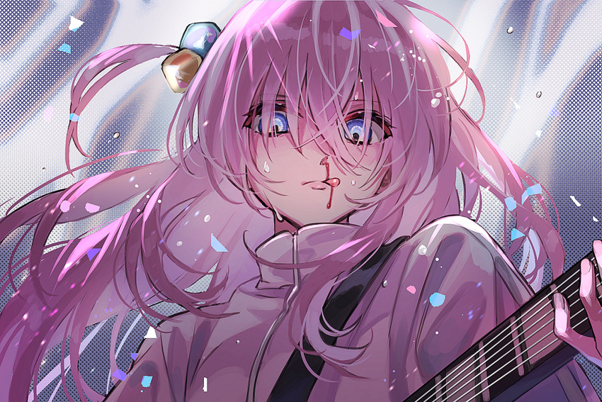 1girl abstract_background blood blue_eyes bocchi_the_rock! closed_eyes commentary confetti cube_hair_ornament electric_guitar empty_eyes floating_hair frown glowing glowing_eyes gotou_hitori guitar hair_bobbles hair_ornament halftone halftone_background hand_up high_collar holding holding_instrument instrument jacket jeonjagolhaem licking_blood light_particles lips long_bangs long_hair looking_at_viewer looking_down nosebleed one_side_up pink_hair pink_jacket portrait shoulder_strap solo sweat track_jacket zipper
