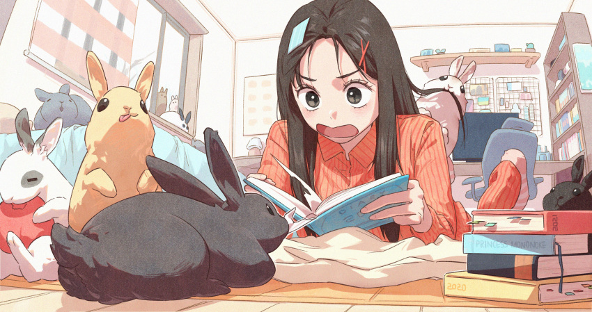 1girl animal animal_on_back bed bed_sheet biting_hair black_hair blanket book book_stack bookmark bookshelf cameo carpet chair ddini desk eating food fruit green_eyes hair_ornament hairclip highres indoors long_hair looking_at_viewer looking_away lying monitor mononoke_hime no_shoes office_chair on_bed on_stomach open_mouth original pajamas rabbit reading socks swivel_chair window wooden_floor x_hair_ornament