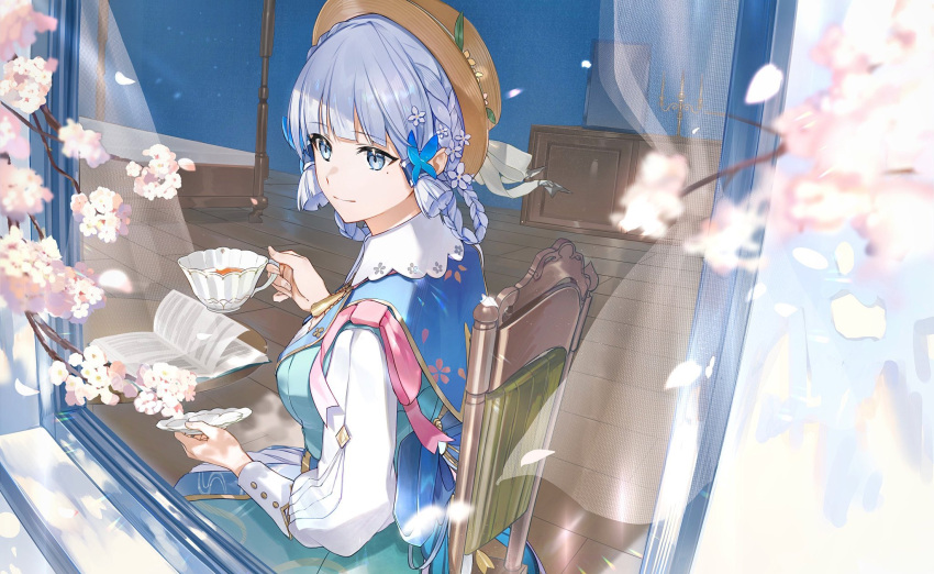 1girl blue_butterfly blue_eyes blue_hair blunt_bangs blunt_tresses book breasts brown_headwear bug butterfly butterfly_hair_ornament chair cherry_blossoms cup dress flower genshin_impact hair_ornament hat hat_flower hat_leaf highres holding holding_cup hoshi_rasuku kamisato_ayaka kamisato_ayaka_(springbloom_missive) light_blue_hair light_smile long_sleeves mole mole_under_eye multicolored_clothes multicolored_dress neck_tassel official_alternate_costume official_alternate_hairstyle open_book puffy_long_sleeves puffy_sleeves sitting solo