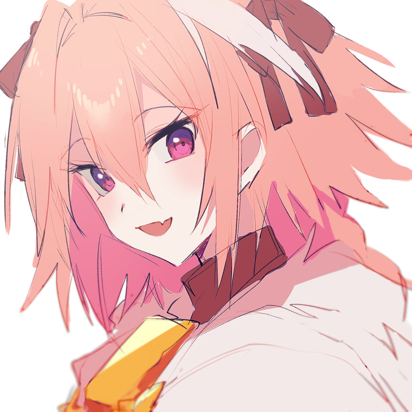 1boy :d astolfo_(fate) fang fate/grand_order fate_(series) hair_between_eyes hair_ribbon highres koyashaka looking_at_viewer male_focus multicolored_hair open_mouth otoko_no_ko ribbon simple_background skin_fang smile solo streaked_hair upper_body violet_eyes white_background