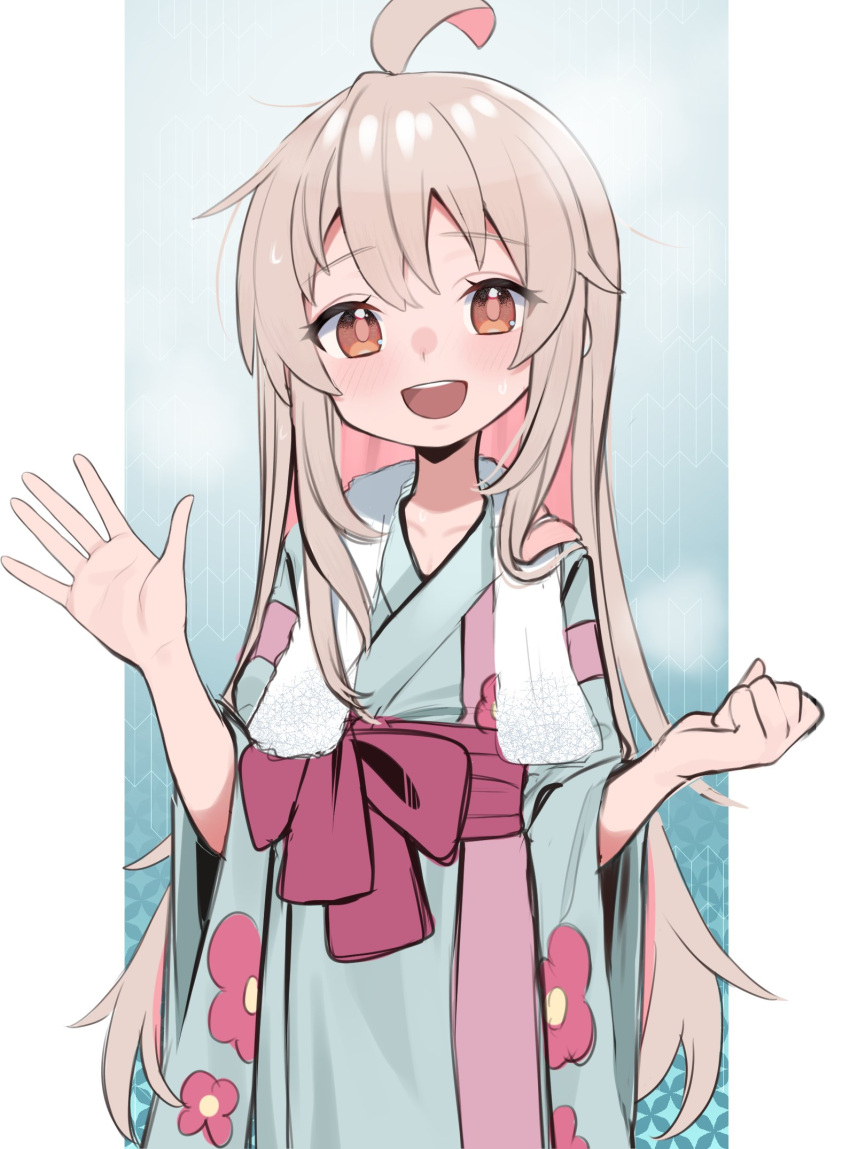 1girl :d ahoge blue_kimono brown_eyes commentary floral_print hair_between_eyes highres japanese_clothes kimono lazu0721 light_blush long_hair looking_at_viewer onii-chan_wa_oshimai! open_mouth oyama_mahiro pink_hair print_kimono sash smile solo towel towel_around_neck very_long_hair wide_sleeves yukata