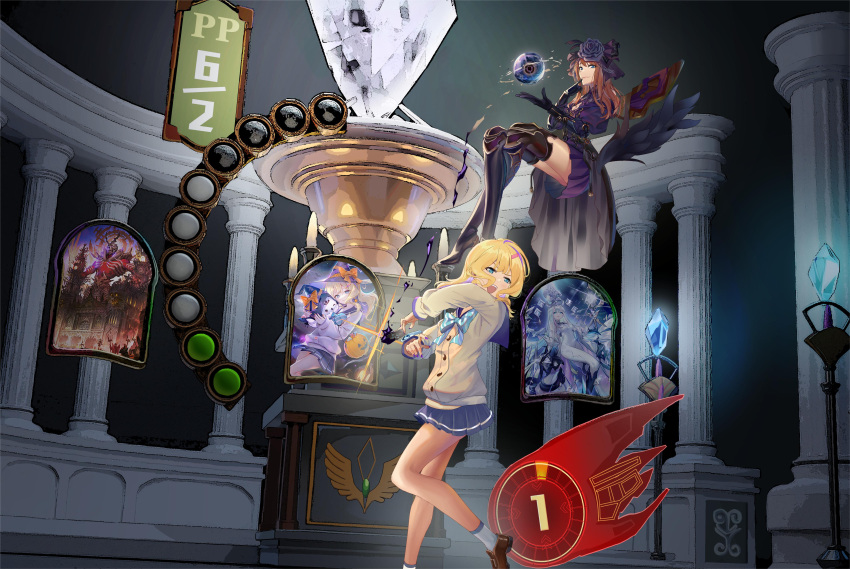2girls absurdres bare_legs blonde_hair blue_eyes blue_ribbon blue_skirt boots breasts brown_footwear brown_hair buttons card cardigan cygames dress floating floating_object flower gameplay_mechanics gem green_eyes gyaru highres long_hair looking_at_viewer looking_to_the_side medium_breasts miniskirt multiple_girls open_mouth pleated_skirt purple_dress purple_flower purple_headwear purple_rose ribbon rose shadowverse shadowverse_(anime) shadowverse_flame skirt socks takanashi_tsubasa_(shadowverse_flame) temple thick_thighs thigh_boots thighs user_rnav7822 white_socks