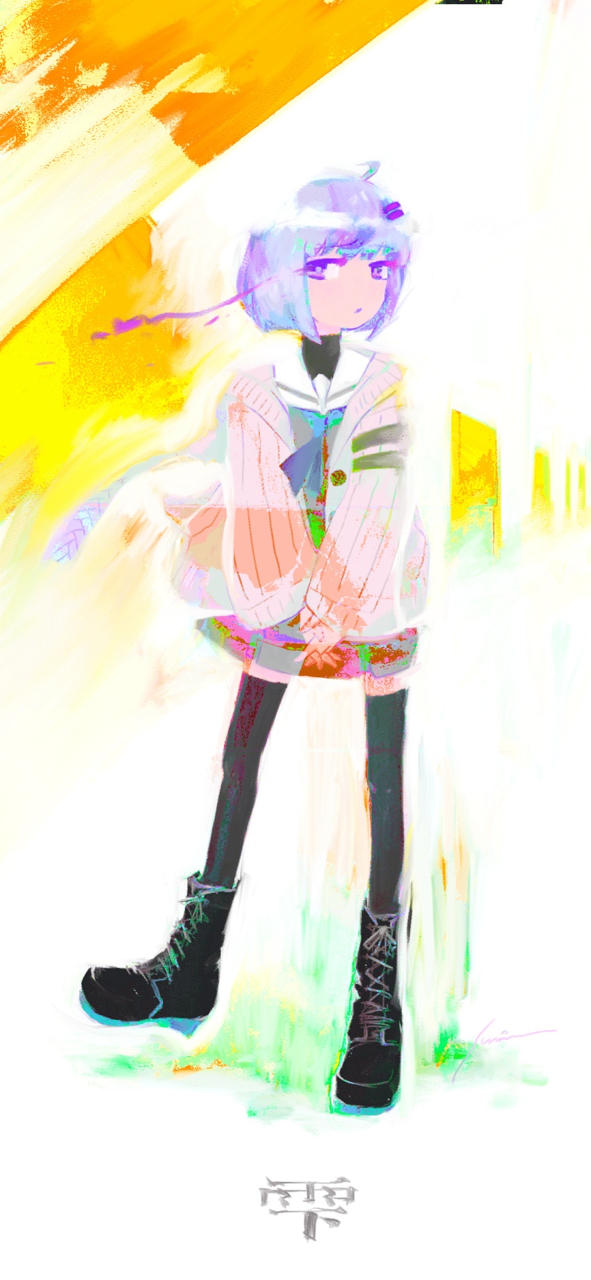 1girl a.i._voice abstract_background absurdres ahoge black_footwear black_thighhighs black_undershirt bob_cut boots cardigan character_name colorful commentary cross-laced_footwear full_body grey_shirt grey_skirt hair_ornament hairclip highres interlocked_fingers light_purple_hair long_sleeves looking_at_viewer multicolored_background neckerchief open_cardigan open_clothes own_hands_together pink_cardigan pleated_skirt sailor_collar school_uniform serafuku shirt short_hair signature skirt solo standing standing_on_one_leg sumiism thigh-highs v_arms violet_eyes voiceroid white_sailor_collar yuzuki_yukari yuzuki_yukari_(shizuku)
