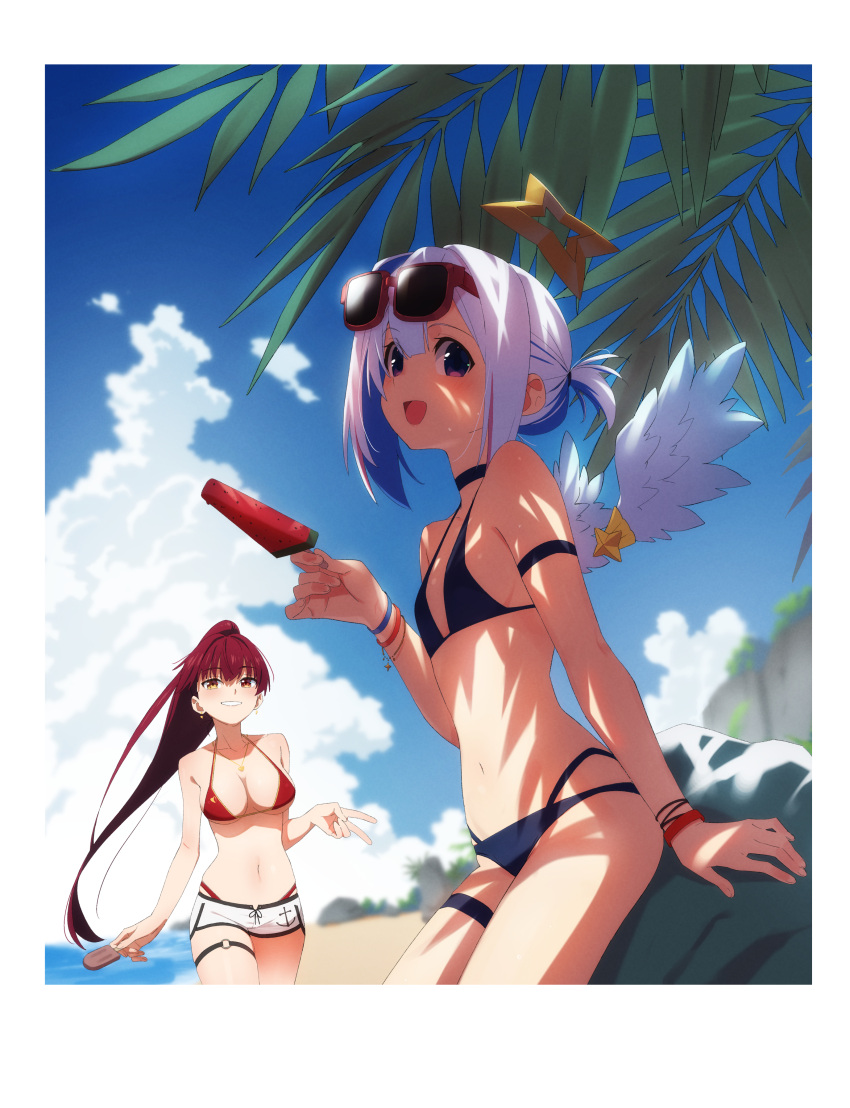 2girls absurdres against_rock amane_kanata angel_wings arm_strap asymmetrical_bangs asymmetrical_hair beach bikini black_bikini black_straps blue_hair border bracelet breasts clouds colored_inner_hair detached_wings earrings eyewear_on_head food fruit grey_hair gulim halo heterochromia highleg highleg_bikini highres holding holding_food holding_ice_cream hololive houshou_marine ice_cream_bar jewelry large_breasts leaf leaning_on_object long_hair looking_at_viewer multicolored_hair multiple_bracelets multiple_girls navel necklace o-ring o-ring_thigh_strap pink_hair ponytail red-framed_eyewear red_bikini red_eyes short_hair short_shorts shorts single_hair_intake sky small_breasts star_halo streaked_hair sunglasses swimsuit thigh_strap tree_shade v violet_eyes virtual_youtuber watermelon watermelon_slice white_border white_shorts white_wings wings yellow_eyes