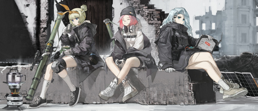 3girls absurdres beanie blonde_hair blue_hair closed_eyes computer countryman_(artist) girls_frontline gloves hat headphones headphones_around_neck highres holding_laptop holding_rocket_launcher incredibly_absurdres jacket kettle knee_pads laptop long_hoodie mk_153_(girls'_frontline) multiple_girls pink_hair portable_stove rocket_launcher shoes smile sneakers socks tactical_clothes third-party_source weapon woollen_cap