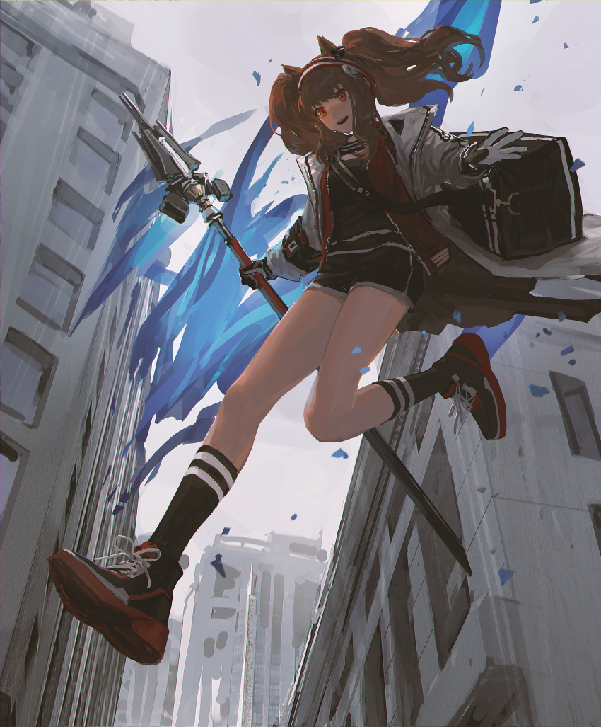 1girl absurdres angelina_(arknights) animal_ears arknights bag black_shorts black_socks brown_hair building coat earpiece fox_ears fox_girl from_side gloves hairband highres holding holding_staff k1llg kneehighs long_hair open_clothes open_coat open_mouth outdoors red_eyes shoes short_shorts shorts sneakers socks solo staff twintails