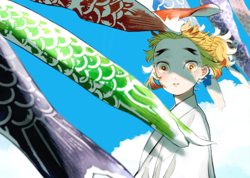 1boy blonde_hair blue_sky colored_tips day floating_hair forked_eyebrows from_side highres japanese_clothes kimetsu_no_yaiba kimono koinobori looking_at_viewer looking_to_the_side male_focus multicolored_hair ohagigaumai parted_lips ponytail redhead rengoku_senjurou short_hair sky solo streaked_hair surprised upper_body white_kimono wide-eyed wind windsock