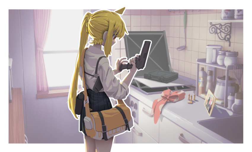 1girl ahoge bag black_skirt blonde_hair bloom bocchi_the_rock! border bow bowtie bowtie_removed bullet collared_shirt commentary curtains detached_ahoge duffel_bag english_commentary from_behind from_side gun hand_up handgun hands_up highres holding holding_gun holding_weapon holster ijichi_nijika indoors kitchen ladle long_hair looking_at_object myjet outline outside_border over_shoulder picture_frame polka_dot_bowtie profile red_bow red_bowtie red_eyes reloading shirt shoulder_holster side_ponytail skirt sleeves_rolled_up solo stove table tile_wall tiles weapon weapon_case white_border white_outline white_shirt window