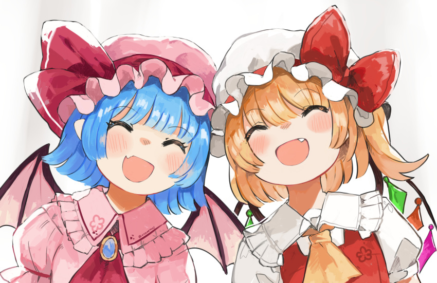 2girls ^_^ absurdres bat_wings blonde_hair blue_hair blunt_bangs blush bow brooch closed_eyes crystal fang flandre_scarlet frilled_shirt_collar frills happy hat highres jewelry mob_cap multiple_girls niseneko_(mofumofu_ga_ienai) one_side_up puffy_short_sleeves puffy_sleeves red_bow remilia_scarlet short_hair short_sleeves siblings simple_background sisters skin_fang touhou upper_body white_background wings