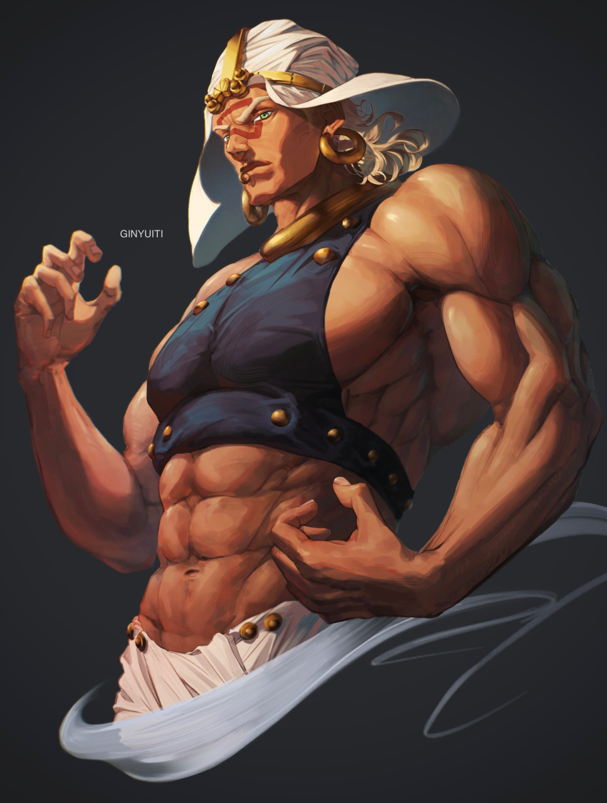 1boy abs absurdres artist_name battle_tendency blonde_hair closed_mouth earrings facial_mark ginyuiti green_eyes hand_up highres hoop_earrings jewelry jojo_no_kimyou_na_bouken lip_ring loincloth looking_at_viewer male_focus muscular muscular_male navel short_hair solo turban wamuu