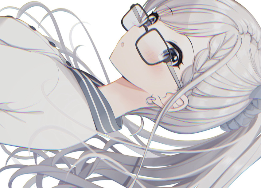 1girl black-framed_eyewear blue_eyes blush bow braid braided_bangs breasts close-up earrings glasses grey_bow grey_hair grey_shirt hair_bow highres hisakawa_hayate idolmaster idolmaster_cinderella_girls idolmaster_cinderella_girls_starlight_stage jewelry long_hair looking_at_viewer neru5 open_mouth ponytail shirt simple_background solo very_long_hair white_background