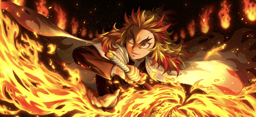 1boy black_background blonde_hair cape colored_tips commentary demon_slayer_uniform fingernails fire flame_print forked_eyebrows furrowed_brow half_updo hands_up haruki_sugiura highres holding holding_sword holding_weapon katana kimetsu_no_yaiba light_particles long_sleeves looking_away male_focus medium_hair multicolored_hair parted_lips redhead rengoku_kyoujurou smile solo streaked_hair sword unsheathed upper_body weapon white_cape