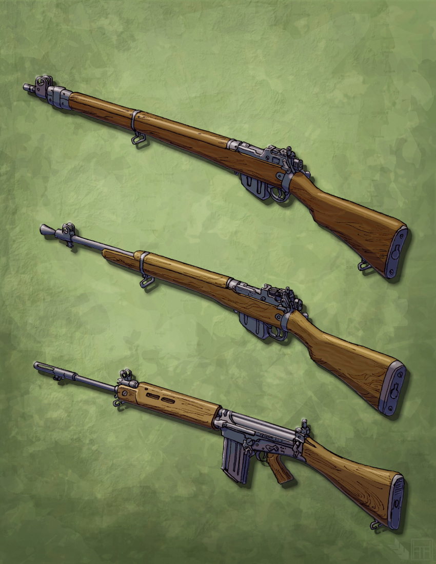 battle_rifle bolt_action commentary country_connection english_commentary fn_fal green_background gun highres hoborginc lee-enfield limited_palette no_humans original rifle shadow still_life trigger weapon weapon_focus