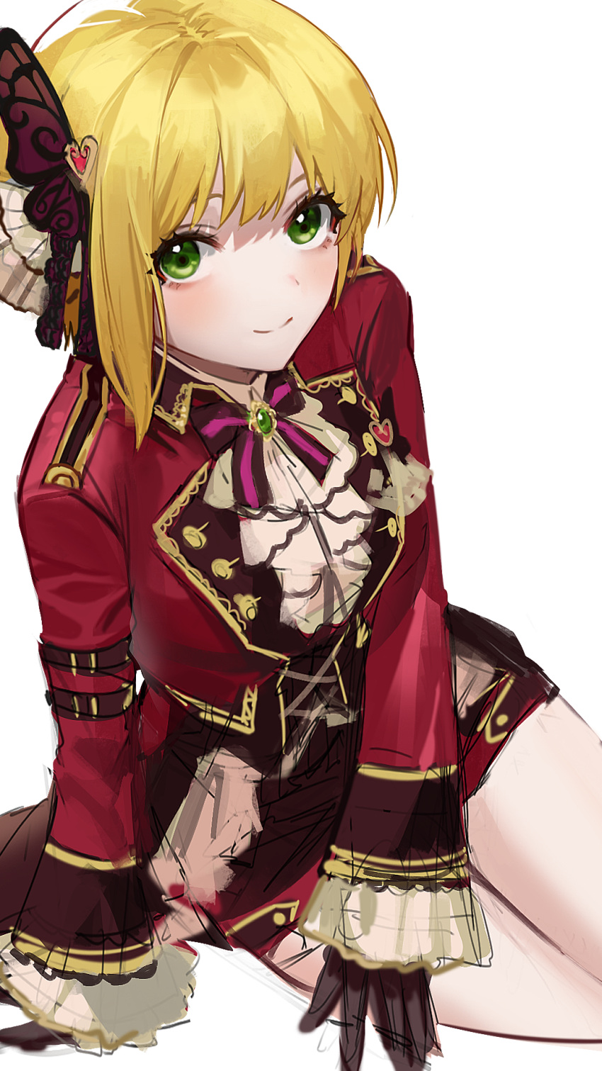 1girl arm_belt arm_support black_gloves blonde_hair blush breasts brooch butterfly_hair_ornament closed_mouth gloves green_eyes hair_ornament highres idolmaster idolmaster_cinderella_girls idolmaster_cinderella_girls_starlight_stage jacket jewelry looking_at_viewer medium_breasts miyamoto_frederica red_jacket red_shorts short_hair shorts simple_background sitting smile solo sowb white_background