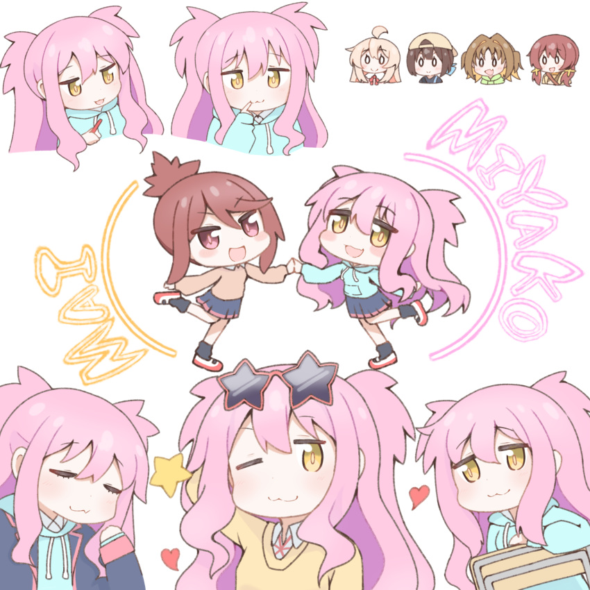 6+girls :3 :d ;3 absurdres blue_hoodie blush_stickers brown_hair character_name chibi closed_eyes commentary drawstring eyewear_on_head finger_to_mouth hair_between_eyes heart highres hood hoodie hozuki_momiji jitome long_hair multiple_girls multiple_views murosaki_miyo nagase_miyako oka_asahi one_eye_closed onii-chan_wa_oshimai! oyama_mahiro pink_hair simple_background skirt smile star-shaped_eyewear sunglasses two_side_up white_background yasaka_mai yuuhikureroom6