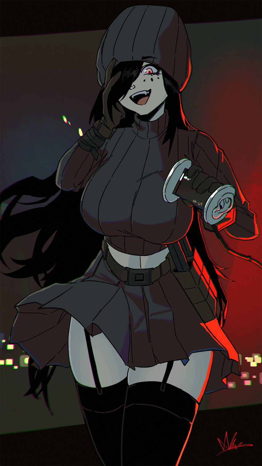 1girl absurdres black_hair breasts gloves glvoes hair_over_one_eye hand_on_own_face hat highres holding lewdicy long_hair looking_at_viewer night nose_piercing nose_ring piercing sweater