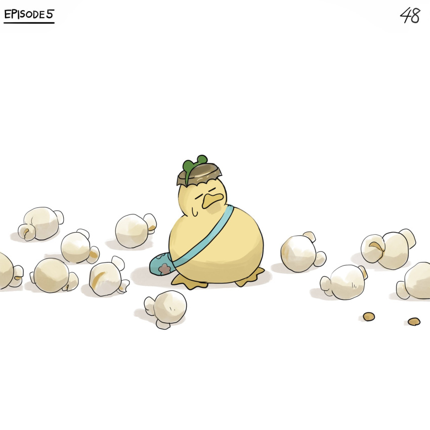 bird blue_bag bottle_cap closed_eyes diva_(hyxpk) duck duckling english_commentary food frog_headband highres no_humans numbered original page_number popcorn simple_background white_background