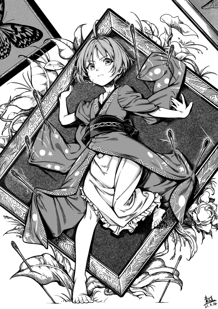 1girl absurdres ahoge barefoot bug butterfly closed_mouth commentary_request dated full_body greyscale highres japanese_clothes kimono long_sleeves looking_at_viewer monochrome needle qingwa_chi_she short_hair signature skirt solo sukuna_shinmyoumaru touhou wide_sleeves
