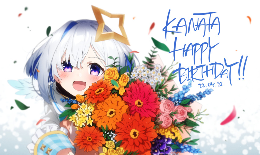 1girl amane_kanata angel_wings asymmetrical_bangs asymmetrical_hair blue_flower blue_hair blurry blush bouquet character_name colored_inner_hair dated feathered_wings flower grey_hair gulim hair_over_one_eye halo happy_birthday highres holding holding_bouquet hololive leaf long_sleeves multicolored_hair open_mouth orange_flower petals pink_flower red_flower rose sailor_collar short_hair single_hair_intake sleeve_cuffs solo star_halo violet_eyes virtual_youtuber white_flower white_sailor_collar wide_sleeves wings yellow_flower