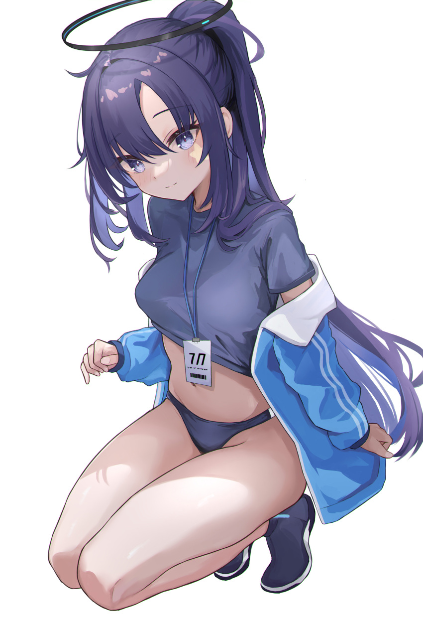 1girl absurdres blue_archive blue_buruma blue_jacket breasts buruma gym_shirt gym_uniform halo highres id_card jacket jacket_partially_removed lanyard long_hair looking_at_viewer mayo_z midriff official_alternate_costume ponytail purple_hair shirt short_sleeves simple_background solo star_sticker sticker sticker_on_face thighs track_jacket violet_eyes white_background yuuka_(blue_archive) yuuka_(gym_uniform)_(blue_archive)