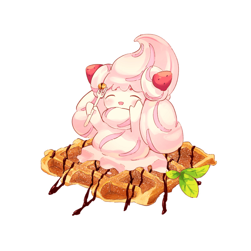 :d absurdres alcremie alcremie_(strawberry_sweet) blush chocolate closed_eyes commentary_request food fork fruit highres holding holding_fork leaf no_humans open_mouth pokemon pokemon_(creature) smile solo strawberry tama_sakura waffle white_background