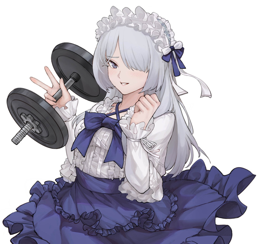 1girl ak-15_(girls'_frontline) breasts clenched_hand dumbbell frilled_headwear frilled_shirt frilled_skirt frills girls_frontline grey_hair hair_over_one_eye hands_up highres holding long_hair long_sleeves looking_at_viewer purple_skirt ribbon shirt simple_background skirt small_breasts smile solo violet_eyes w white_background white_shirt zerowill