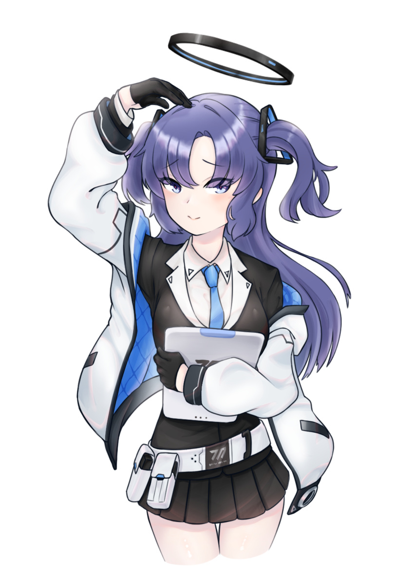 1girl blazer blue_archive coat collared_shirt commentary_request eyes_visible_through_hair halo heart heart_hands highres jacket konguleum_konkumo long_hair long_sleeves looking_at_viewer necktie open_clothes open_coat out_of_frame parted_bangs pleated_skirt purple_hair school_uniform shirt sidelocks simple_background skirt smile solo spoken_character two_side_up violet_eyes yuuka_(blue_archive)
