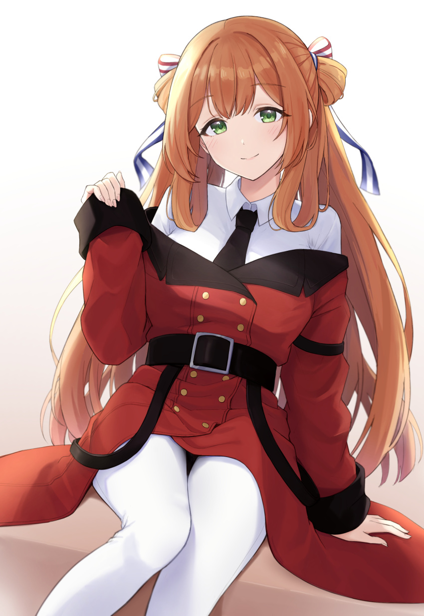 1girl absurdres alternate_costume arm_support belt black_belt black_necktie blush brown_hair buttons coat collared_shirt commentary_request double-breasted ench0 facing_viewer feet_out_of_frame girls_frontline green_eyes hair_between_eyes hair_ribbon hair_rings highres long_hair long_sleeves looking_at_viewer necktie off_shoulder red_coat ribbon shirt sidelocks simple_background sitting smile solo springfield_(girls'_frontline) striped striped_ribbon white_background white_shirt