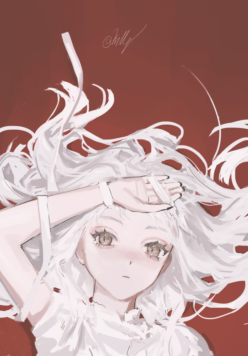 1girl absurdres black_nails brown_eyes closed_mouth eyelashes highres k1llg long_hair looking_at_viewer nail_polish original red_background ribbon short_sleeves simple_background solo twitter_username upper_body white_hair white_ribbon