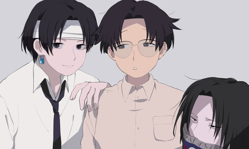 3boys :o absurdres black_eyes black_hair black_necktie breast_pocket buttons chrollo_lucilfer closed_mouth collared_shirt covered_mouth earrings feitan_portor glasses headband highres hunter_x_hunter jewelry kojirou_(kojirou_sousaku) light_smile looking_at_another looking_at_viewer male_focus multiple_boys necktie pocket shirt white_headband wing_(hunter_x_hunter)