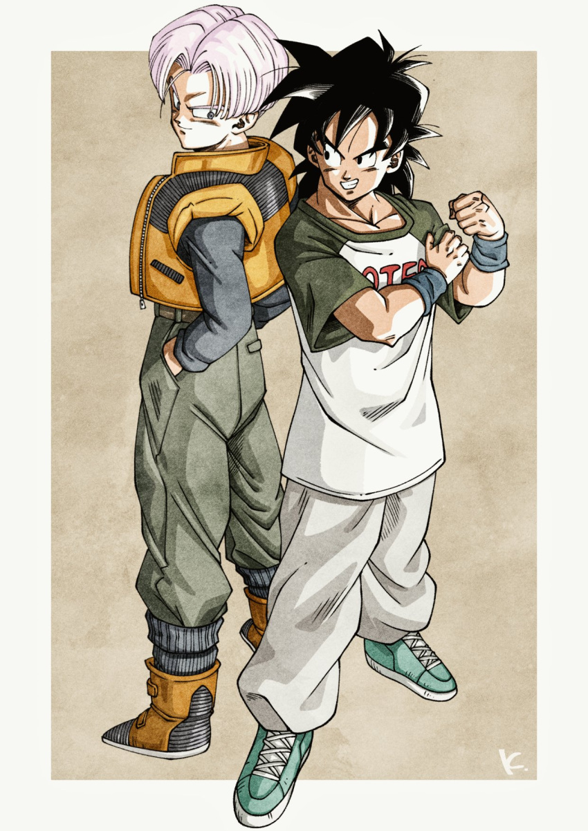 2boys back-to-back baggy_pants black_eyes black_hair blue_eyes boots commentary_request dragon_ball dragon_ball_z furrowed_brow grin hands_in_pockets highres kakeru_(dbskakeru) male_focus multiple_boys pants pink_hair shirt shoes smile sneakers son_goten t-shirt trunks_(dragon_ball) vest wristband yellow_vest