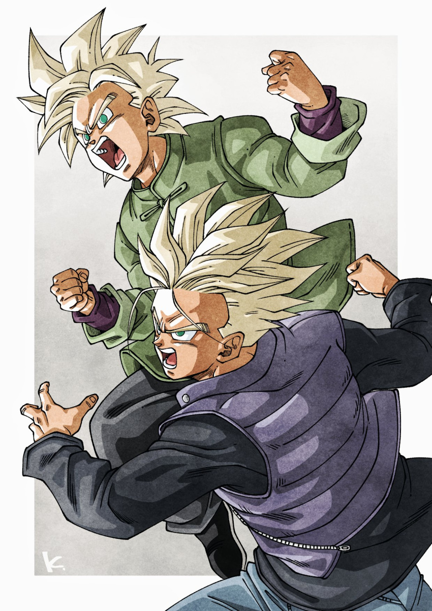 2boys black_pants blonde_hair blue_pants chinese_clothes clenched_hand clenched_hands commentary_request dragon_ball dragon_ball_super dragon_ball_super_super_hero furrowed_brow green_eyes highres kakeru_(dbskakeru) male_focus multiple_boys open_mouth pants purple_vest serious signature son_goten super_saiyan super_saiyan_1 trunks_(dragon_ball) vest