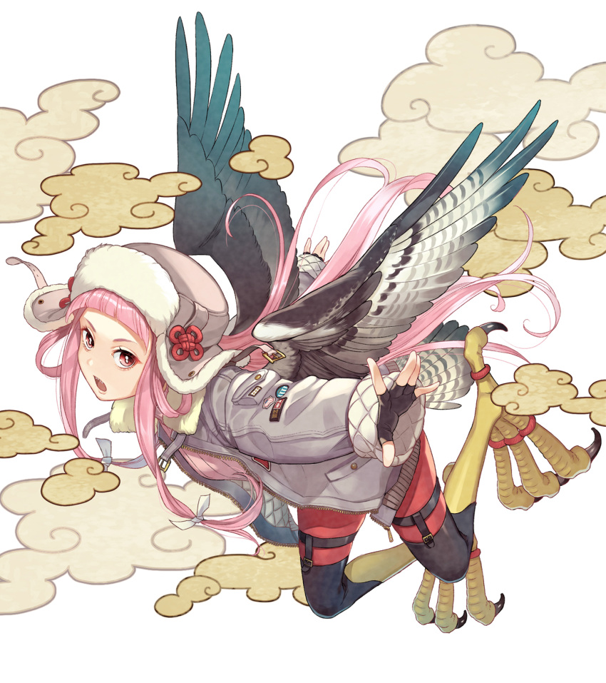 1girl bird_legs bird_tail blunt_bangs brown_gloves cherico feathered_wings fingerless_gloves flower_knot flying full_body fur-trimmed_headwear fur-trimmed_jacket fur_hat fur_trim gloves hair_ribbon harpy hat highres jacket legwear_garter long_hair looking_at_viewer monster_girl open_clothes open_jacket open_mouth original outstretched_arms pants patch pink_hair red_eyes red_pants ribbon sharp_teeth sidelocks solo tail tail_feathers talons teeth tress_ribbon unzipped upper_teeth_only ushanka white_background white_ribbon whorled_clouds wings zipper zipper_pull_tab