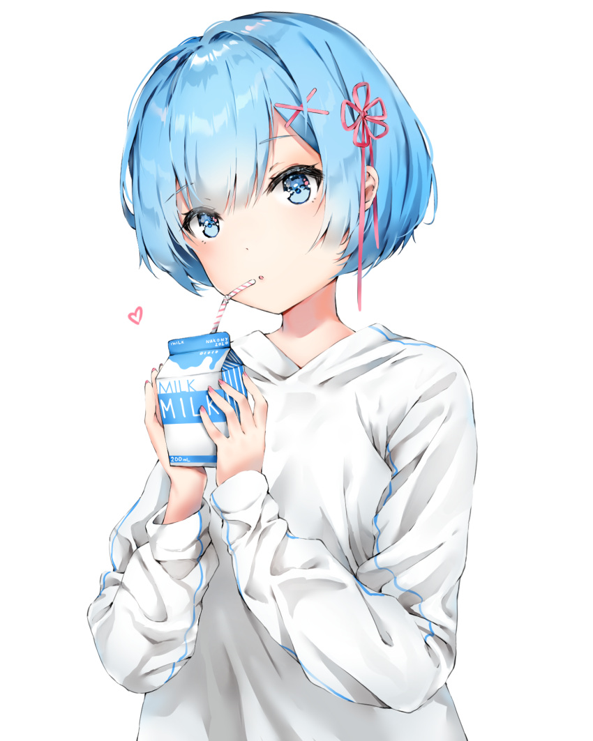 1girl :o blue_eyes blue_hair casual commentary double-parted_bangs drinking_straw flower hair_between_eyes hair_flower hair_ornament hair_ribbon hands_up heart highres light_blush looking_at_viewer milk_carton nail_polish nakony open_mouth re:zero_kara_hajimeru_isekai_seikatsu red_nails red_ribbon rem_(re:zero) ribbon short_hair simple_background sleeves_past_wrists solo sweater upper_body white_background white_sweater x_hair_ornament