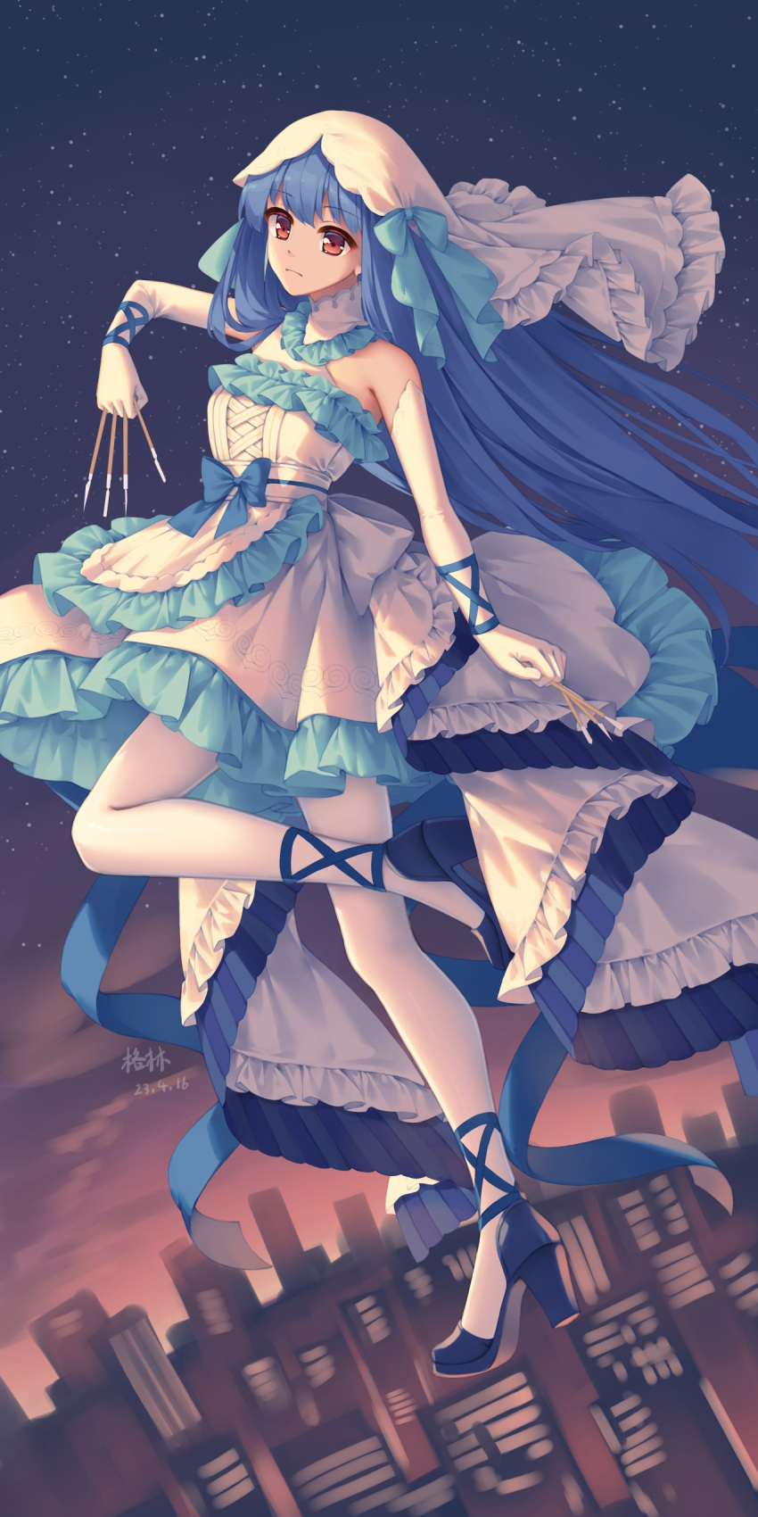 1girl absurdres alternate_costume arm_ribbon blue_bow blue_footwear blue_hair bow commentary_request dated dress elbow_gloves expressionless frilled_dress frills full_body gloves haniyasushin_keiki high_heels highres holding long_hair looking_at_viewer mechrailgun outdoors pantyhose red_eyes ribbon signature sky sleeveless sleeveless_dress solo star_(sky) starry_sky tools touhou very_long_hair white_dress white_gloves white_pantyhose white_veil
