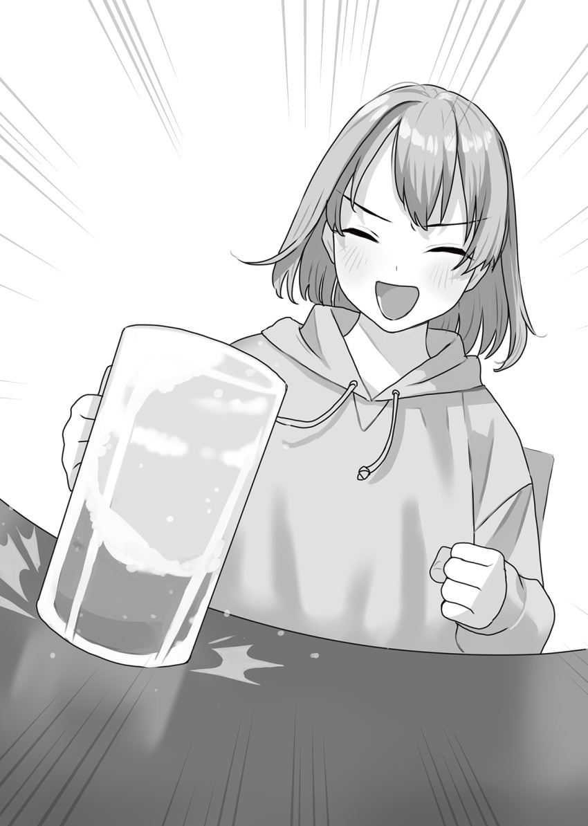 1girl alcohol beer beer_mug blush chair clenched_hand closed_eyes cup doushimasho drunk highres holding holding_cup hood hooded_jacket hoodie jacket koibito_ijou_no_koto_wo_kanojo_janai_kimi_to long_sleeves minase_ito monochrome motion_lines mug open_mouth short_hair simple_background table white_background