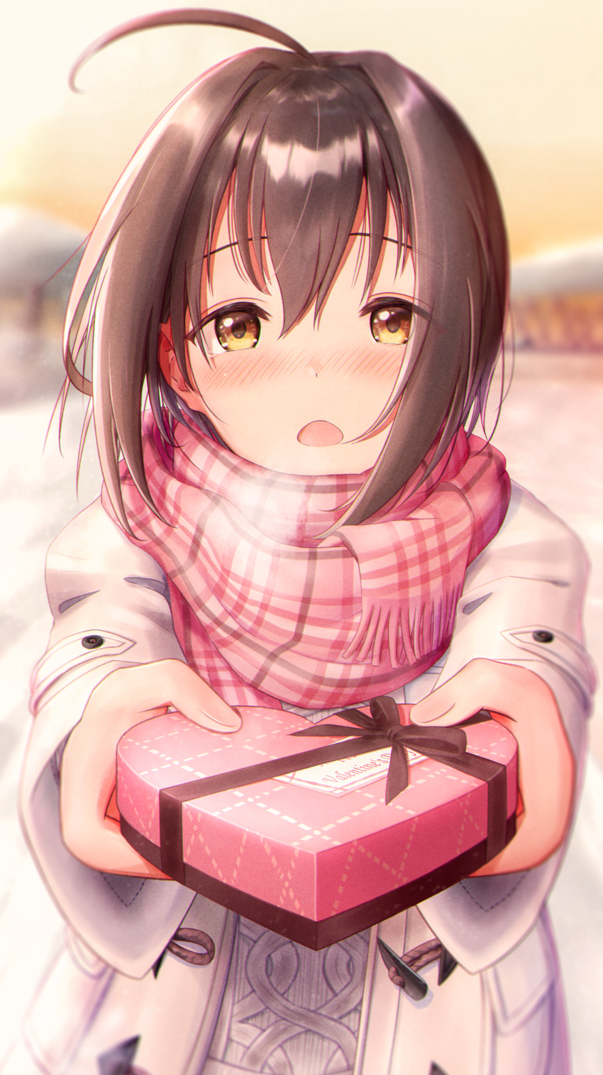 1girl absurdres ahoge black_hair black_ribbon blurry blurry_background blush box breath brown_eyes coat dot_nose evening gift gift_box heart-shaped_box highres idolmaster idolmaster_cinderella_girls idolmaster_cinderella_girls_starlight_stage kohinata_miho long_sleeves looking_at_viewer masuku_(saint_mask) open_clothes open_coat open_mouth outdoors pink_scarf plaid plaid_scarf reaching_towards_viewer ribbon scarf short_hair shy snow solo sweater valentine white_coat white_sweater winter