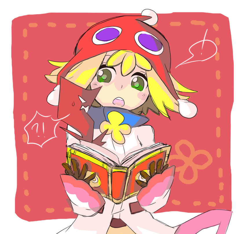 ! !? 1girl amitie_(puyopuyo) blonde_hair book gloves green_eyes highres holding holding_book keikou_midori_(753064) long_sleeves looking_to_the_side one-hour_drawing_challenge open_mouth puyopuyo puyopuyo_fever red_amitie red_background red_headwear short_hair