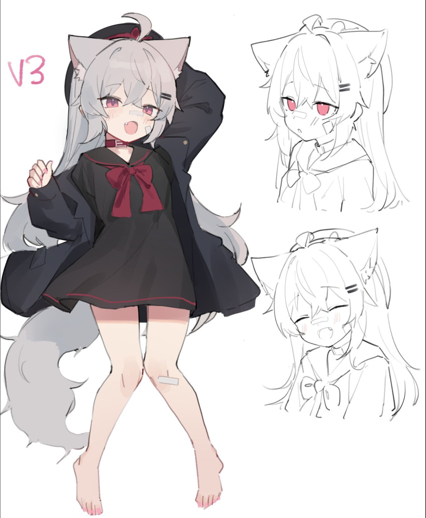 1girl :d :o animal_collar animal_ears bare_legs barefoot black_dress black_jacket collar dress expressionless fang fenrir_(fenriluuu) grey_hair hat highres jacket long_hair long_sleeves looking_at_viewer off_shoulder open_clothes open_jacket original red_eyes rir-chan short_dress sketch smile tail very_long_hair wolf_ears wolf_girl wolf_tail